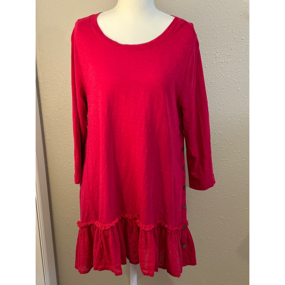 Lagenlook Soft Surroundings Pink Cotton Slub Ruffle Hem Tunic Top Button Med